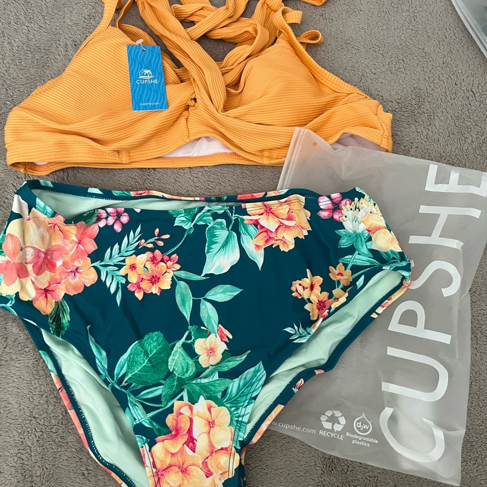 Cupshe Mustard Bikini Top and Floral Bottom
